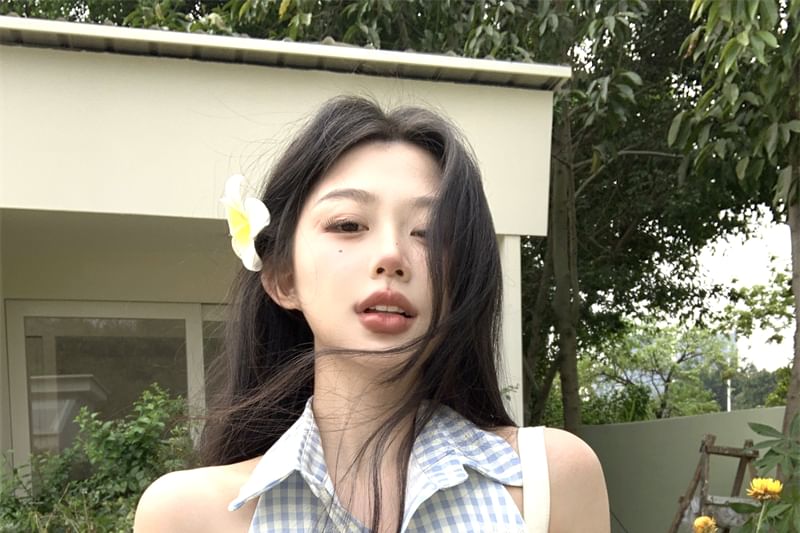 Pleated Halter-Neck Button-Up Dress Mini A-Line Gingham