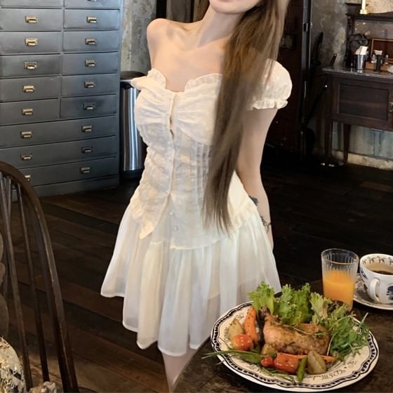 Shirred Mini Blouse Skirt Plain High / Ruffled Rise A-Line Off-Shoulder