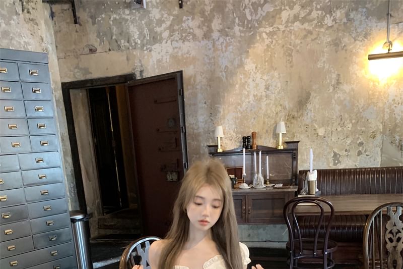 Shirred Mini Blouse Skirt Plain High / Ruffled Rise A-Line Off-Shoulder