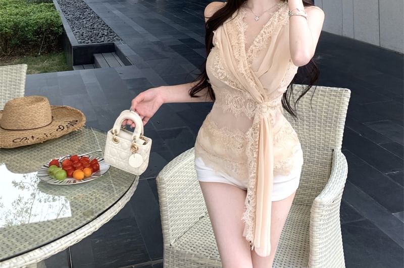 Sleeveless Top Wrap V-Neck Lace