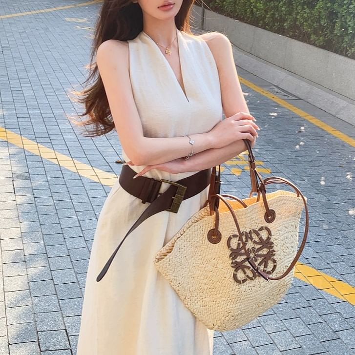 Plain Midi A-Line Dress Belt Halter-Neck Faux Leather /