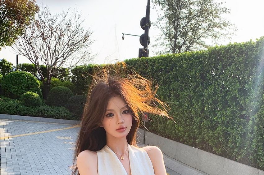 Plain Midi A-Line Dress Belt Halter-Neck Faux Leather /