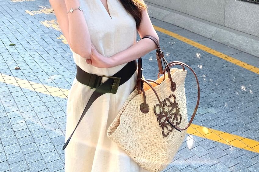 Plain Midi A-Line Dress Belt Halter-Neck Faux Leather /