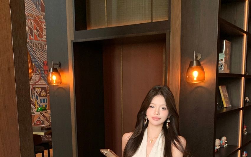 Plain Midi A-Line Dress Belt Halter-Neck Faux Leather /