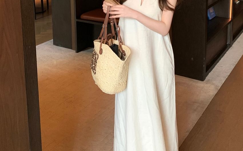 Plain Midi A-Line Dress Belt Halter-Neck Faux Leather /