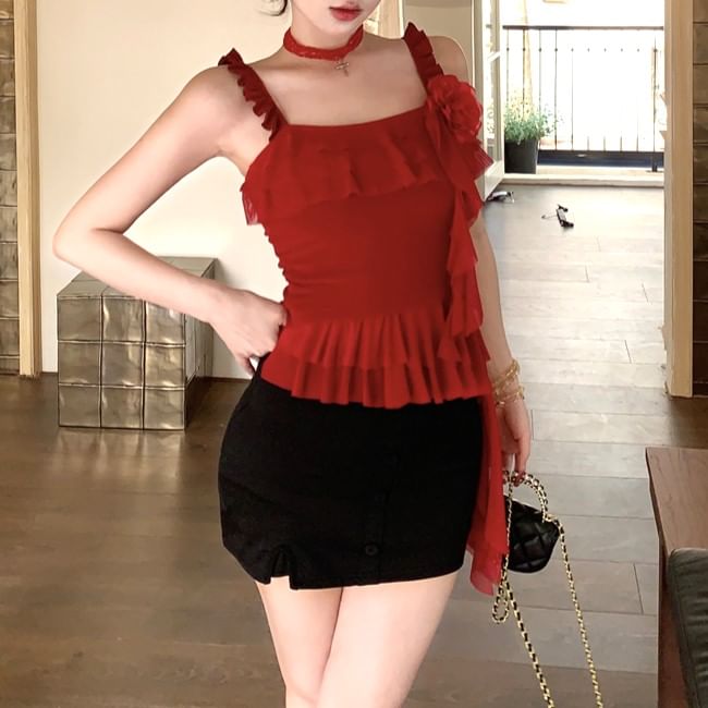 Cami Mini High Asymmetrical Floral Skirt / Pencil Waist Ruffled Top