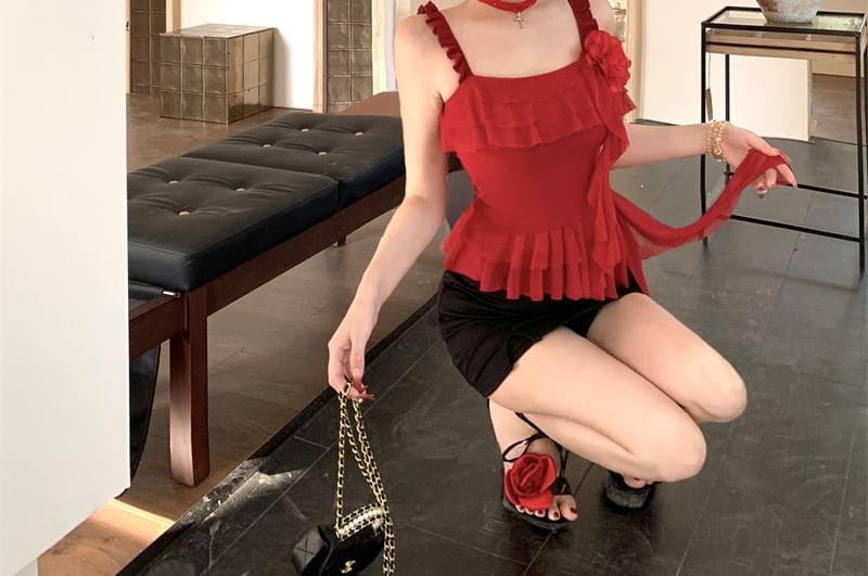 Cami Mini High Asymmetrical Floral Skirt / Pencil Waist Ruffled Top