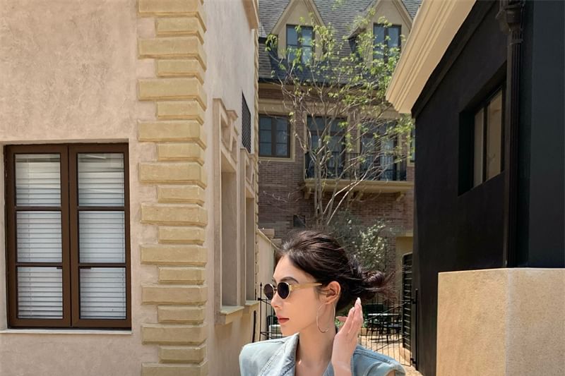 High Lace Button-Up Washed Layered Midi A-Line Denim / Vest Skirt Rise