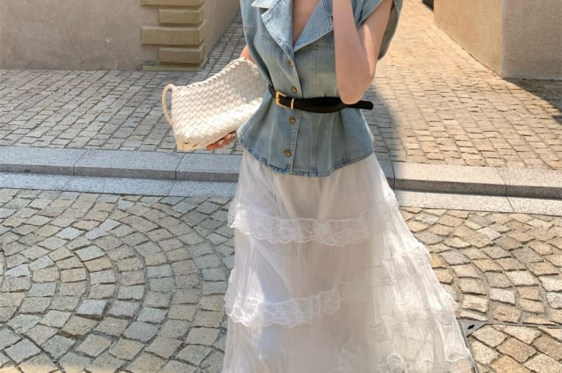High Lace Button-Up Washed Layered Midi A-Line Denim / Vest Skirt Rise