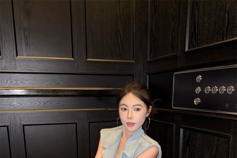 High Lace Button-Up Washed Layered Midi A-Line Denim / Vest Skirt Rise