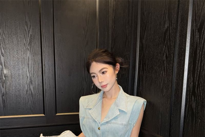 High Lace Button-Up Washed Layered Midi A-Line Denim / Vest Skirt Rise