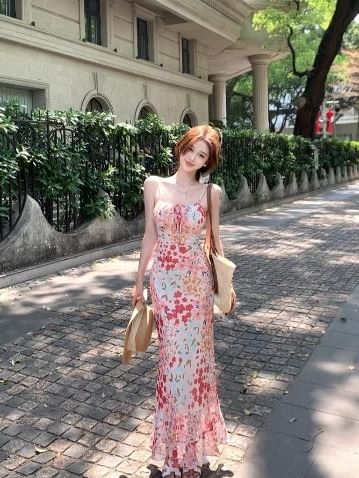 Dress Print Strap Spaghetti Mermaid Floral Midi