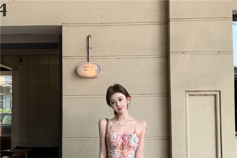 Dress Print Strap Spaghetti Mermaid Floral Midi