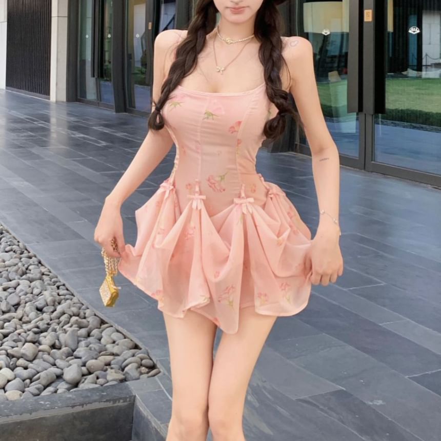 A-Line Spaghetti Print Dress Strap Shirred Mini Floral