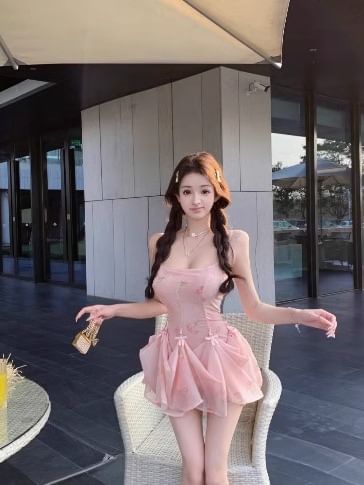 A-Line Spaghetti Print Dress Strap Shirred Mini Floral