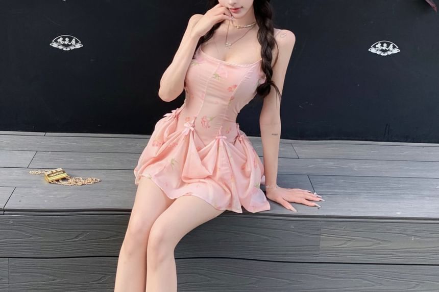 A-Line Spaghetti Print Dress Strap Shirred Mini Floral