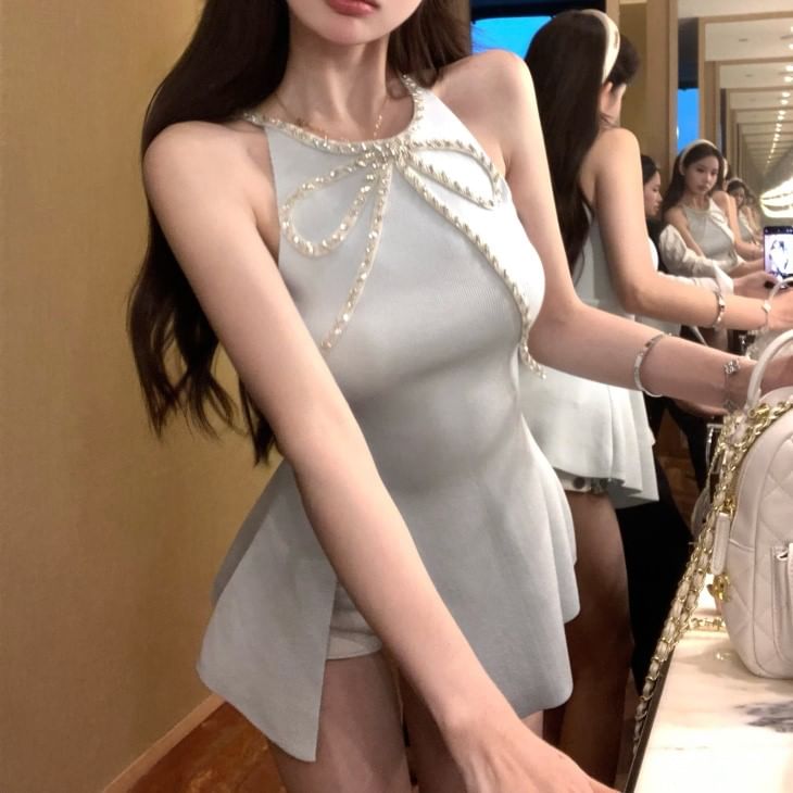 Slit Bow Rhinestone Halter-Neck Mini Dress A-Line