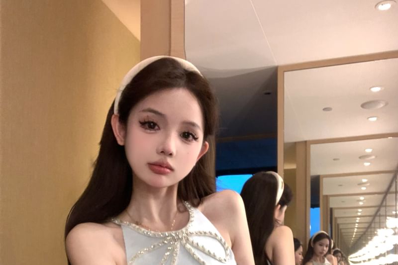 Slit Bow Rhinestone Halter-Neck Mini Dress A-Line