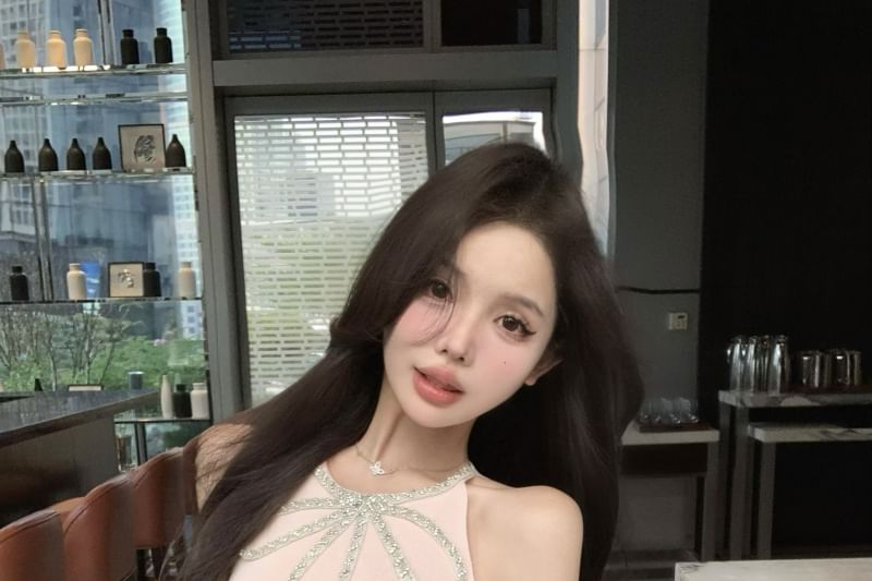 Slit Bow Rhinestone Halter-Neck Mini Dress A-Line