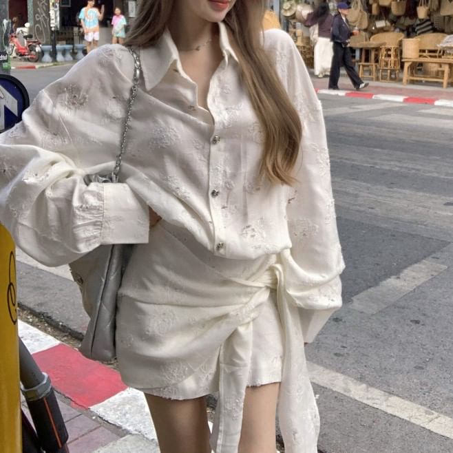 Puff-Sleeve Dress Button-Up A-Line Embroidered Floral Tie-Side Mini