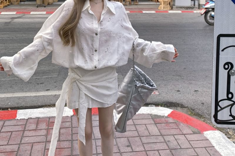 Puff-Sleeve Dress Button-Up A-Line Embroidered Floral Tie-Side Mini