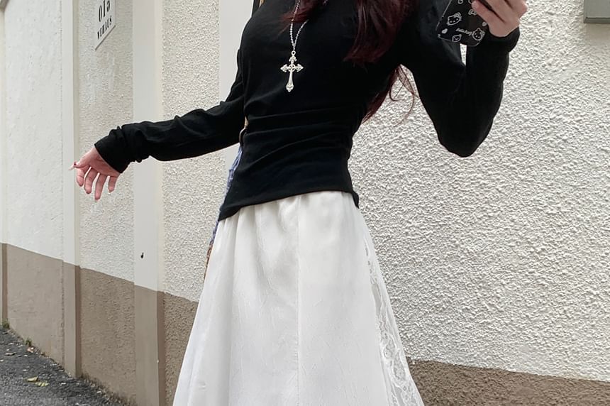 Midi Rise Skirt High Asymmetrical Mermaid Panel Lace