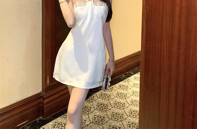 Mini A-Line Satin Dress Rhinestone Halter-Neck