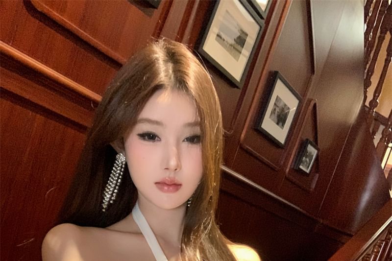 Mini A-Line Satin Dress Rhinestone Halter-Neck