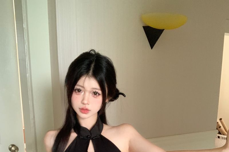 Jacquard Mini Keyhole Floral Halter-Neck Bodycon Dress