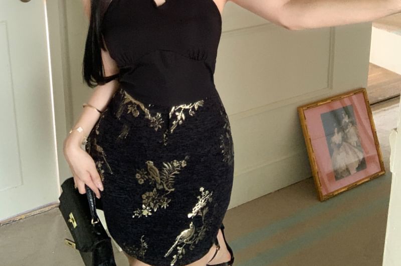 Jacquard Mini Keyhole Floral Halter-Neck Bodycon Dress