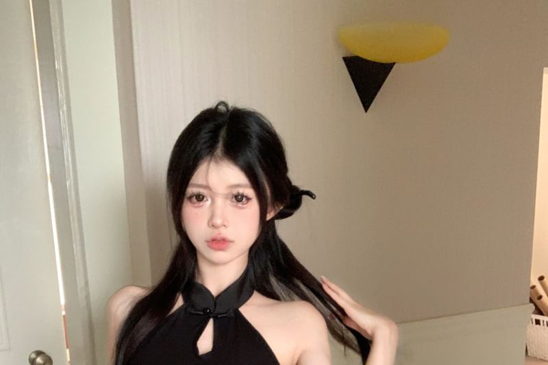 Jacquard Mini Keyhole Floral Halter-Neck Bodycon Dress