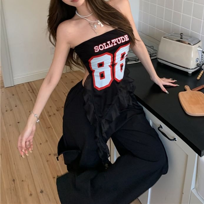 Tube Waist High Top Pants Ruffled / Numbering Wide Leg