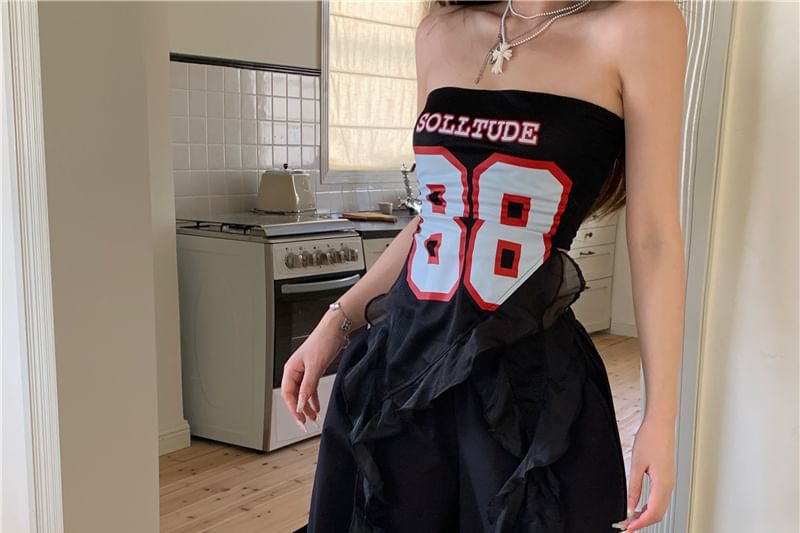 Tube Waist High Top Pants Ruffled / Numbering Wide Leg