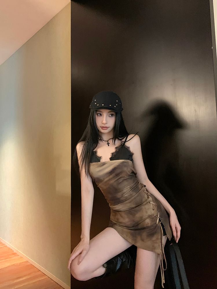 Bodycon Drawstring Tie-Dyed Spaghetti Strap Dress Lace Mini Trim