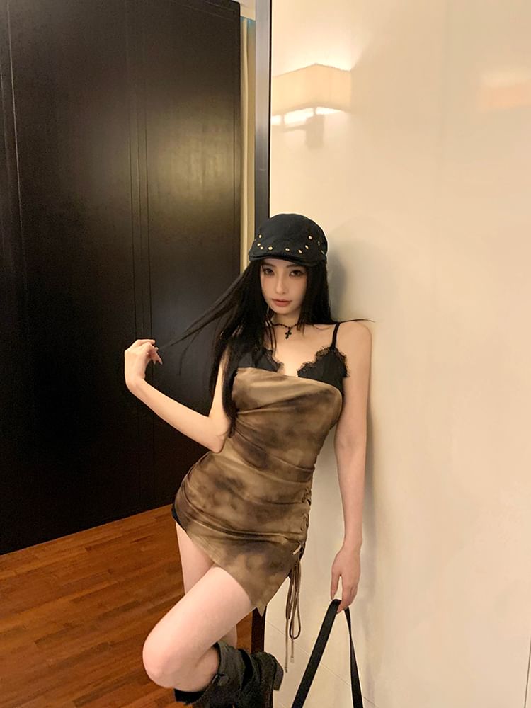 Bodycon Drawstring Tie-Dyed Spaghetti Strap Dress Lace Mini Trim