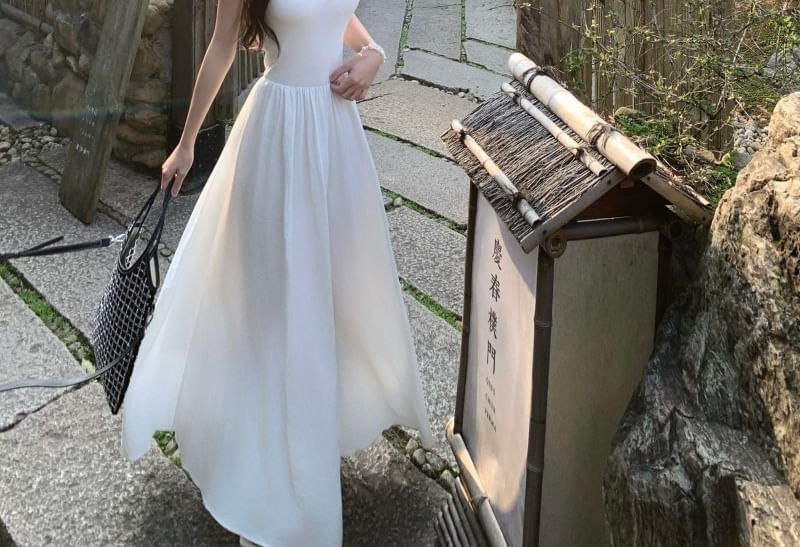 Midi Dress Plain Spaghetti Strap A-Line