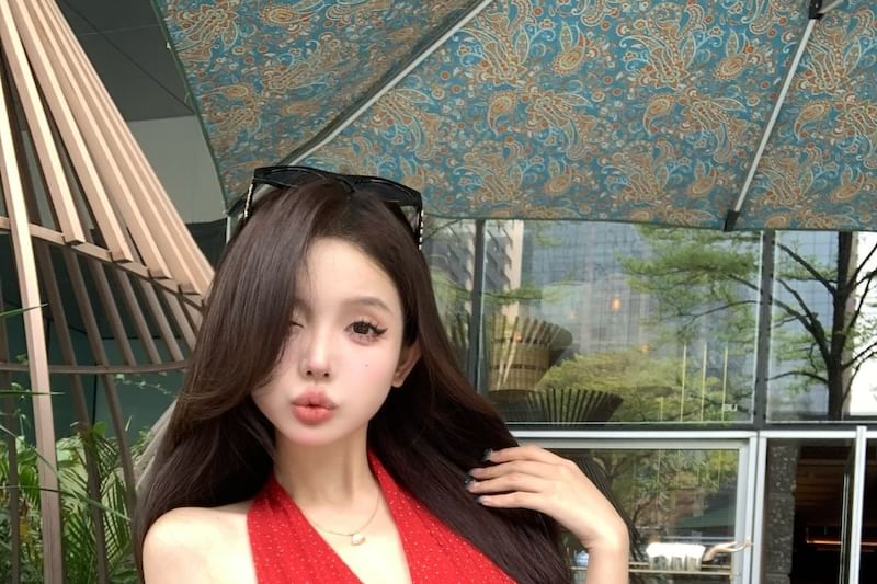 Halter-Neck Ruffle Hem Plain Dotted Top