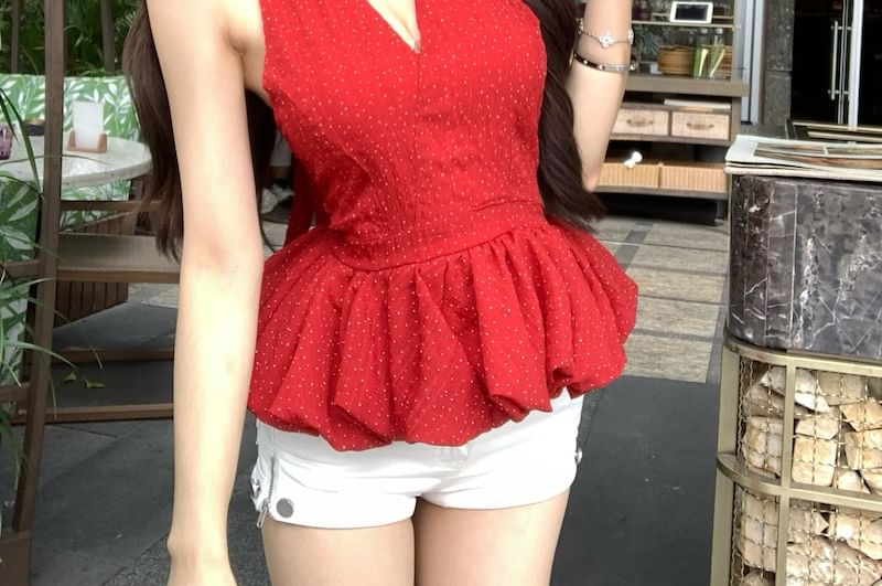 Halter-Neck Ruffle Hem Plain Dotted Top