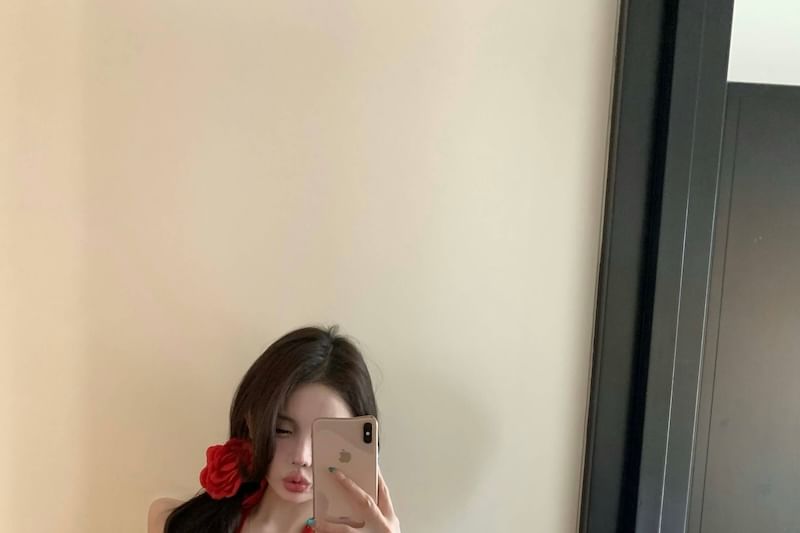 Halter-Neck Ruffle Hem Plain Dotted Top