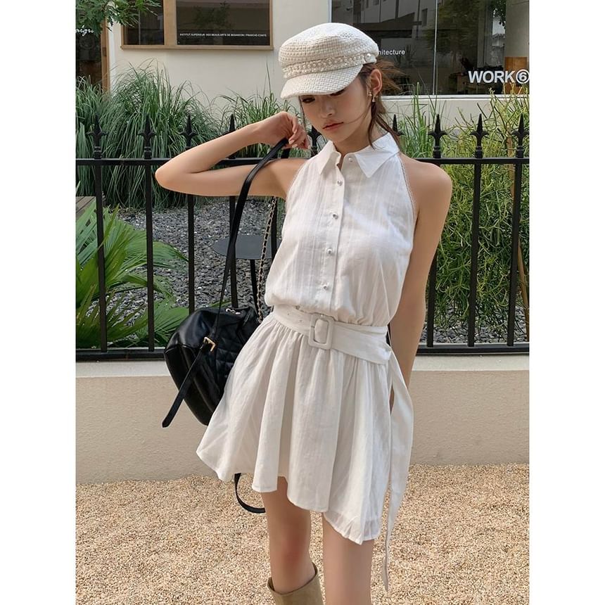 Dress Mini Sleeveless Belted Collared A-Line Striped