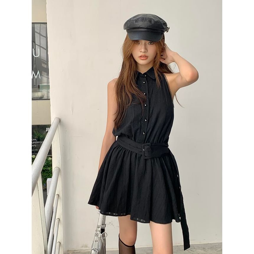A-Line Belted Striped Mini Collared Dress Sleeveless