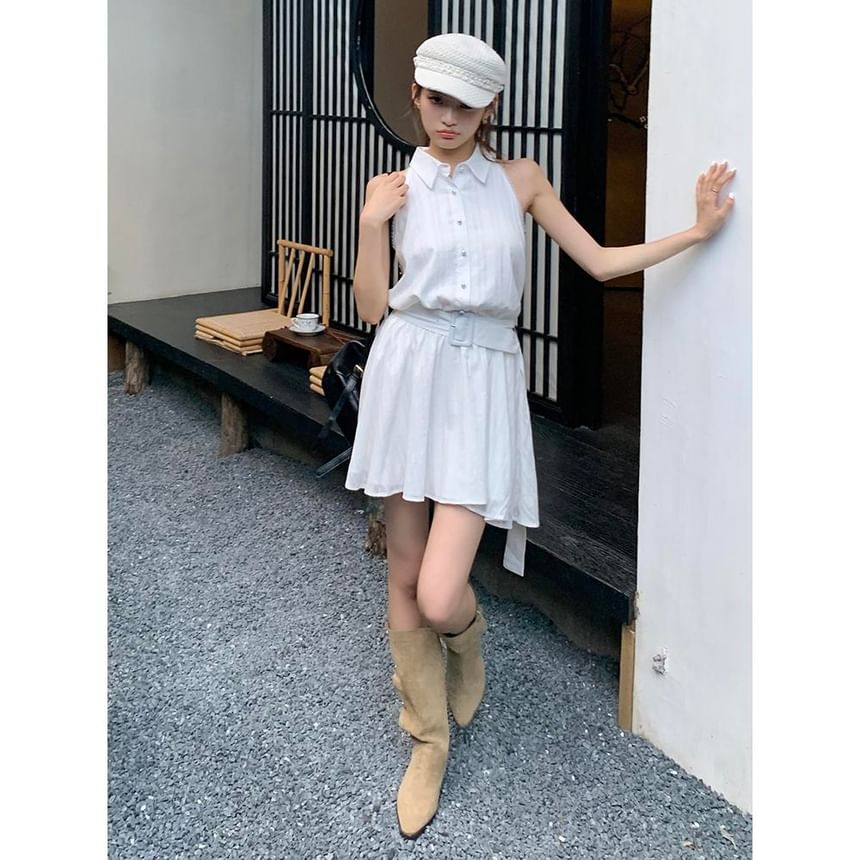 A-Line Belted Striped Mini Collared Dress Sleeveless