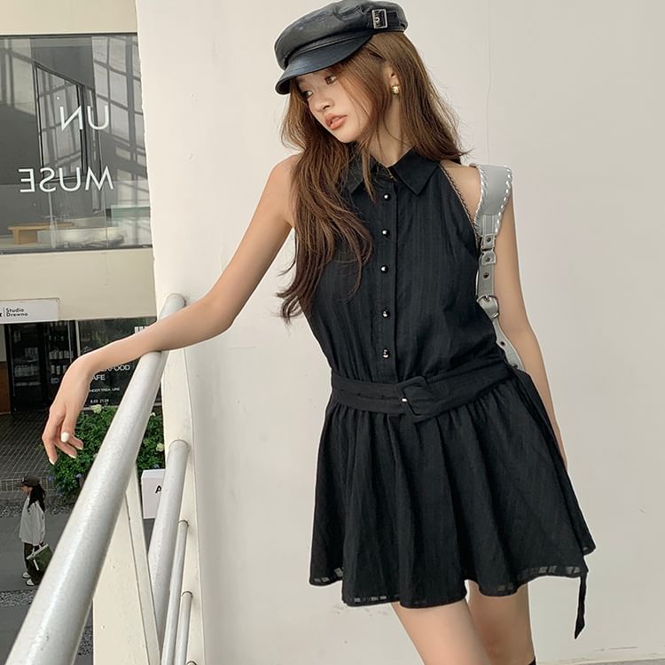 A-Line Belted Striped Mini Collared Dress Sleeveless