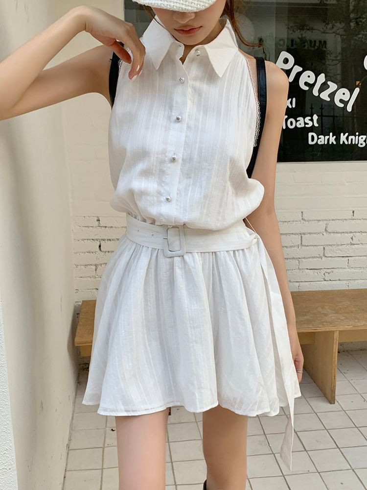 Dress Mini Sleeveless Belted Collared A-Line Striped