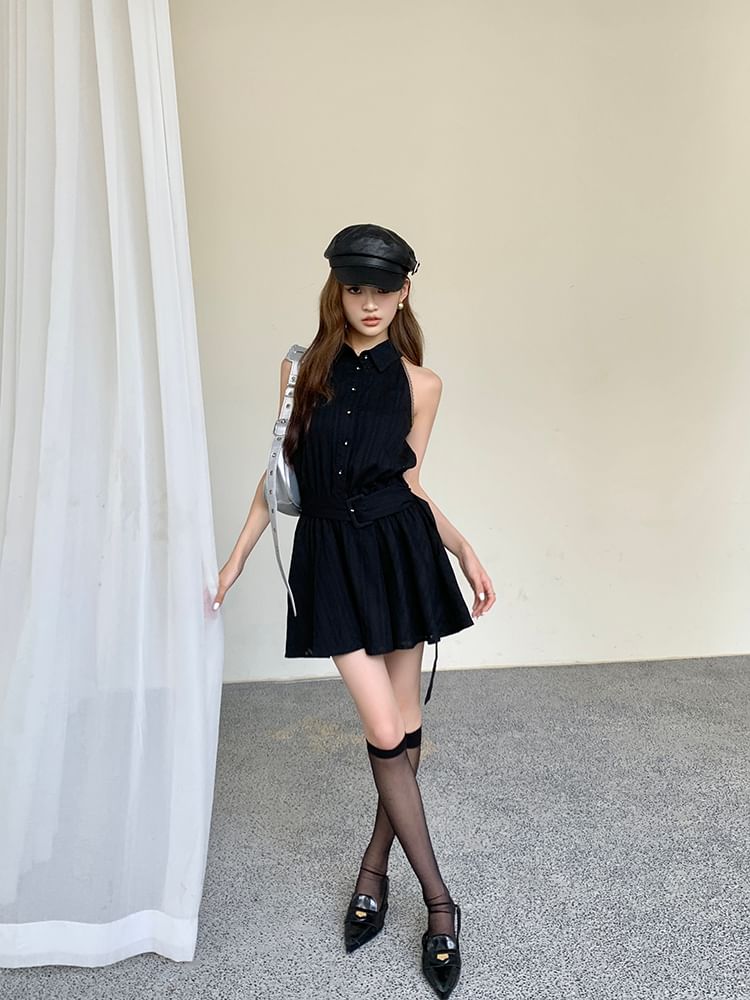 A-Line Belted Striped Mini Collared Dress Sleeveless