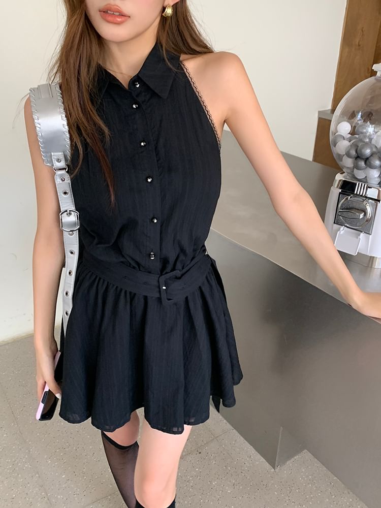 A-Line Belted Striped Mini Collared Dress Sleeveless