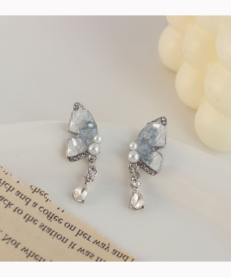 / Faux Pearl Drop Rhinestone Butterfly Earring Clip-On