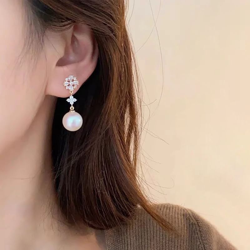 Drop Pearl Flower Earring Rhinestone Clip-On Faux /