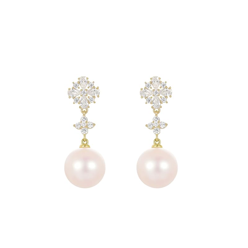 Drop Pearl Flower Earring Rhinestone Clip-On Faux /