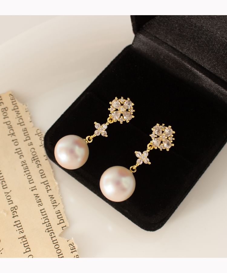 Drop Pearl Flower Earring Rhinestone Clip-On Faux /